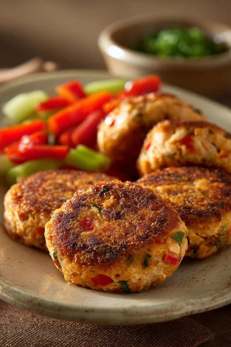 Close-up of golden-brown salmon cakes on a white plate with a clean background.