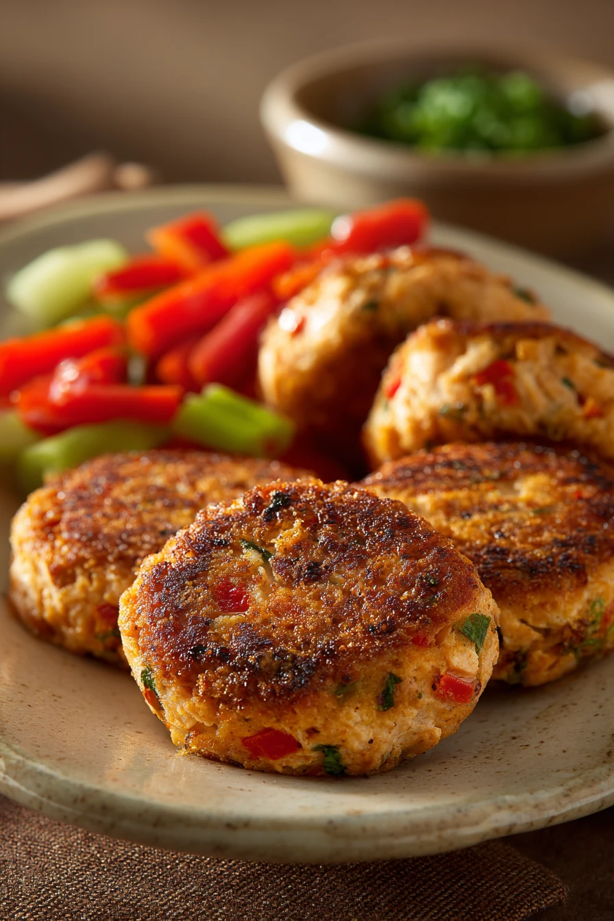 Close-up of golden-brown salmon cakes on a white plate with a clean background.