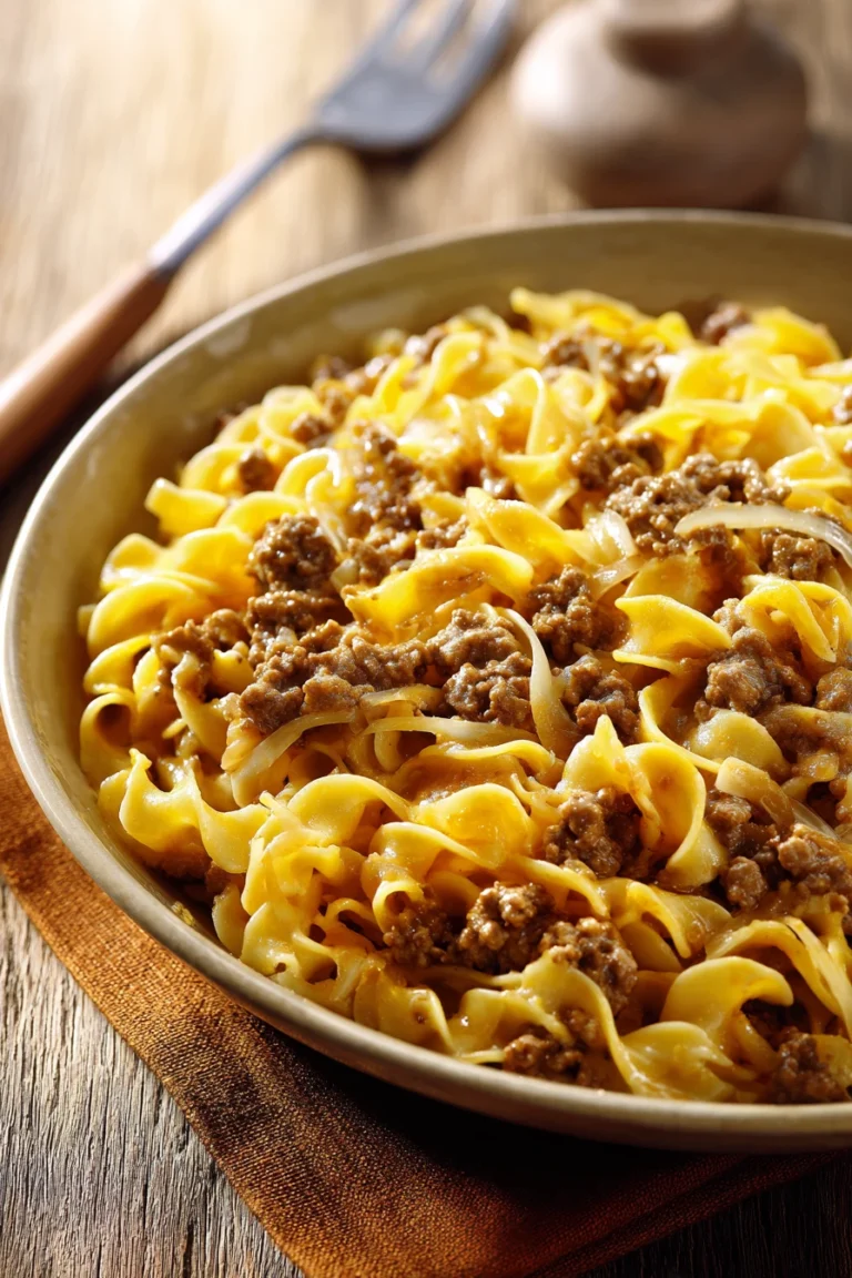 Close-up of a delicious dinner with ground beef and noodles, garnished with herbs.
