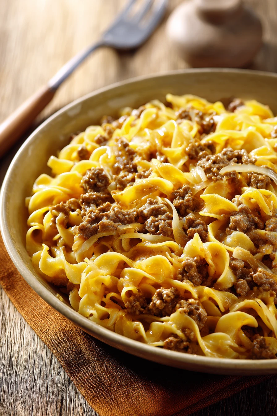 Close-up of a delicious dinner with ground beef and noodles, garnished with herbs.