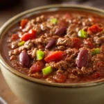 Close-up of a hearty chili soup with beans and meat in a white bowl