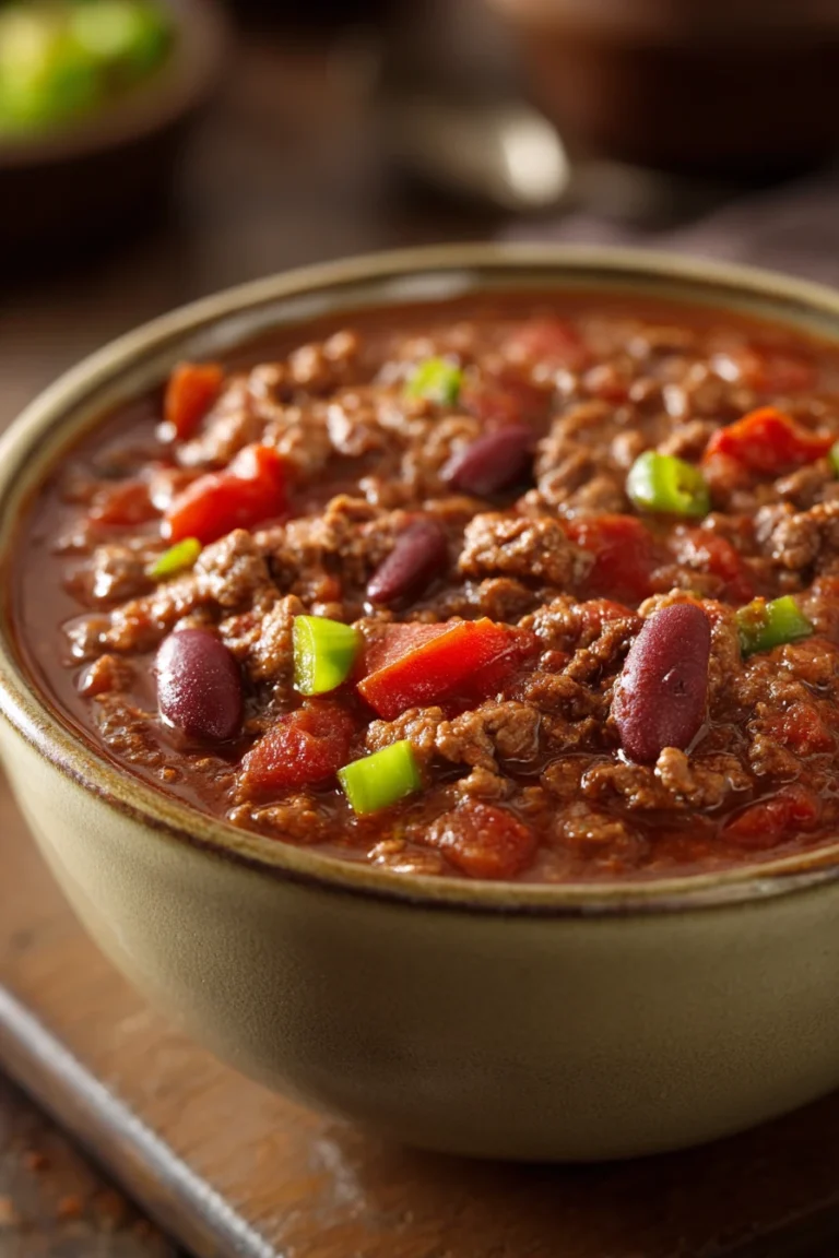 Close-up of a hearty chili soup with beans and meat in a white bowl