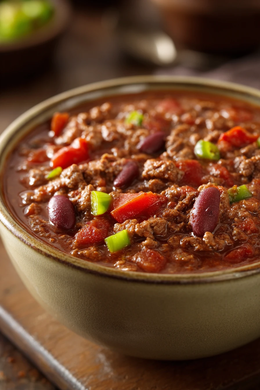 Close-up of a hearty chili soup with beans and meat in a white bowl