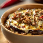 Close-up of a delicious moussaka with layers of eggplant and creamy sauce
