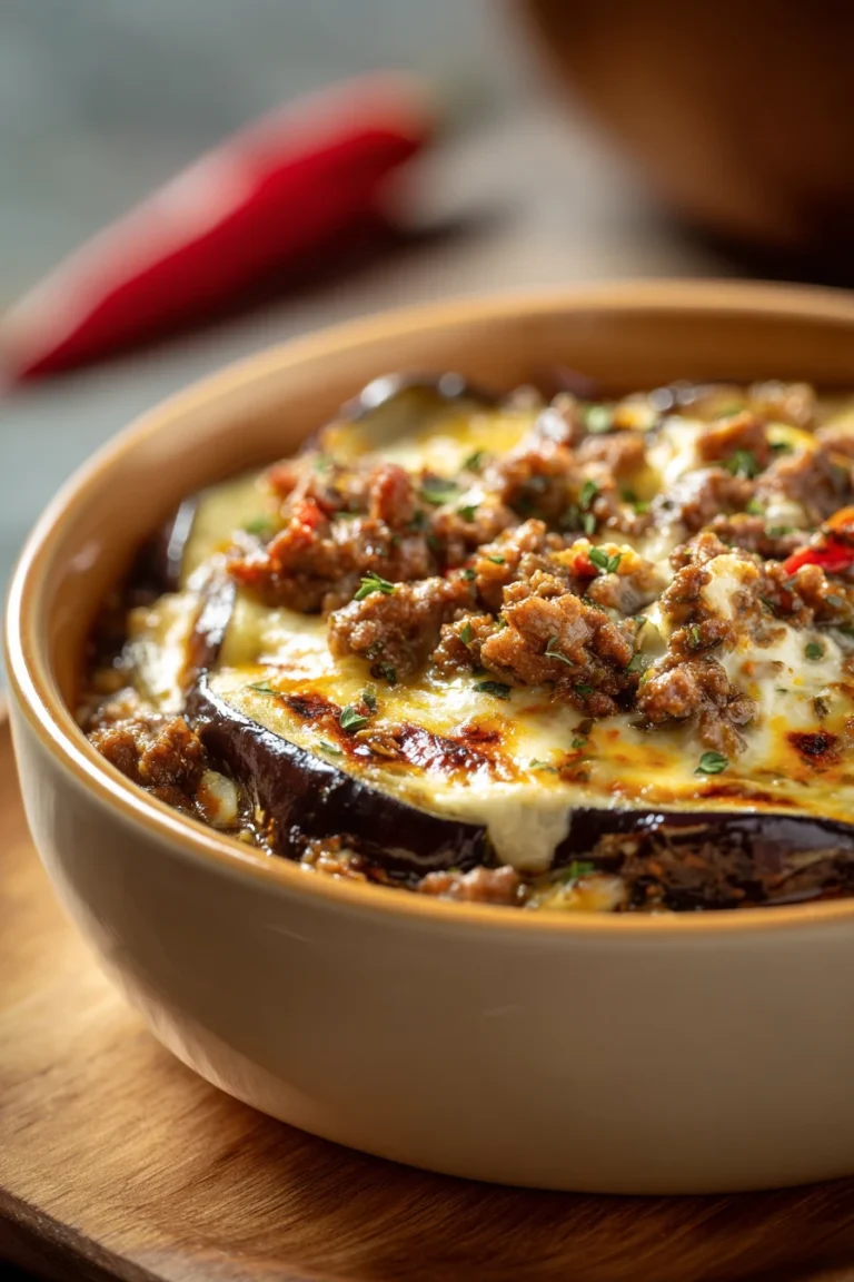 Close-up of a delicious moussaka with layers of eggplant and creamy sauce