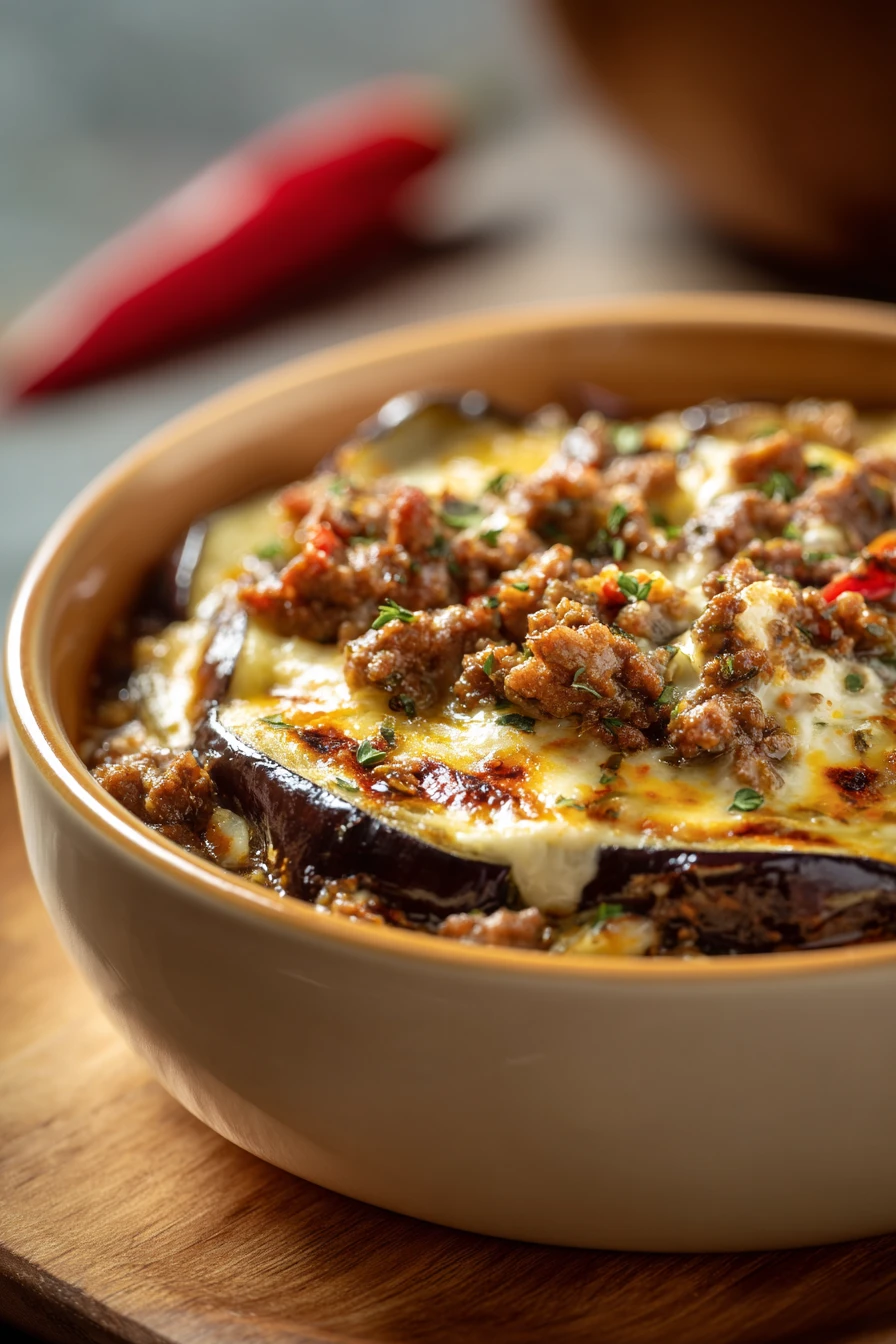 Close-up of a delicious moussaka with layers of eggplant and creamy sauce