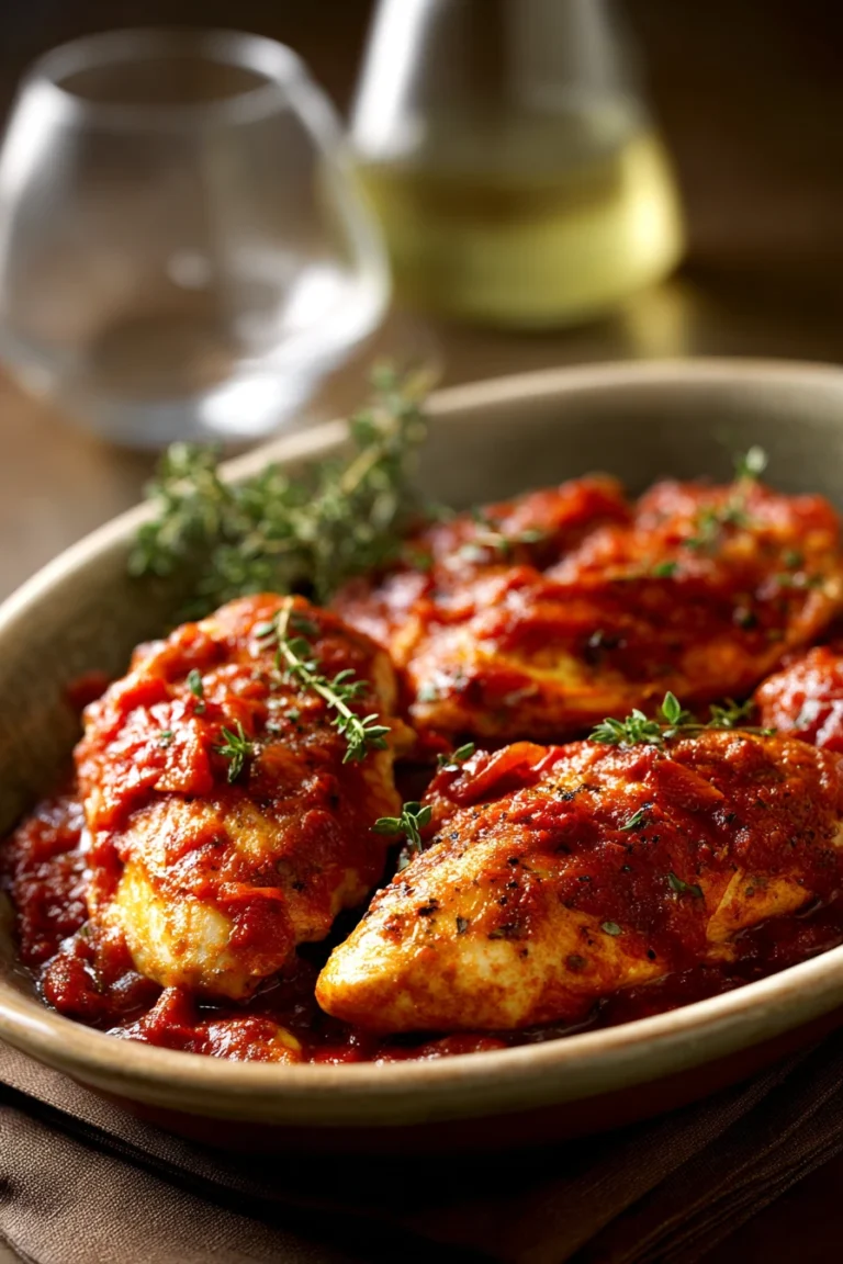 Close-up of a chicken dish with creamy marinara sauce, perfect for easy weeknight meals.