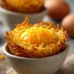Eggs in crispy hash brown baskets with a golden brown texture and fresh herbs