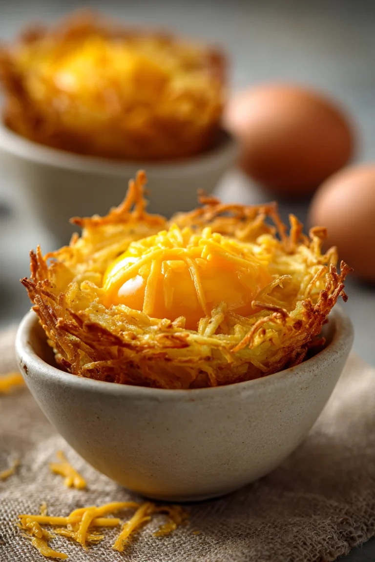 Eggs in crispy hash brown baskets with a golden brown texture and fresh herbs
