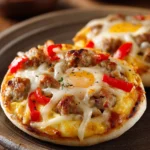 Close-up of a flavorful English muffin breakfast pizza with melted cheese and toppings.