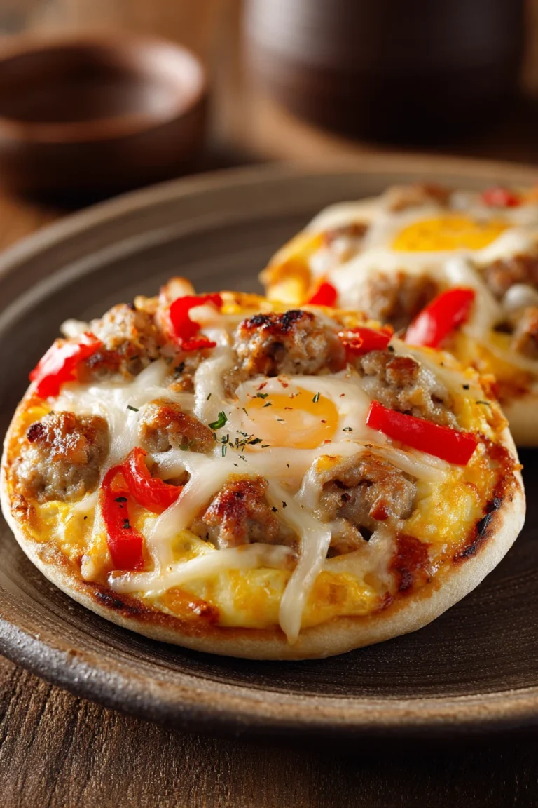Close-up of a flavorful English muffin breakfast pizza with melted cheese and toppings.