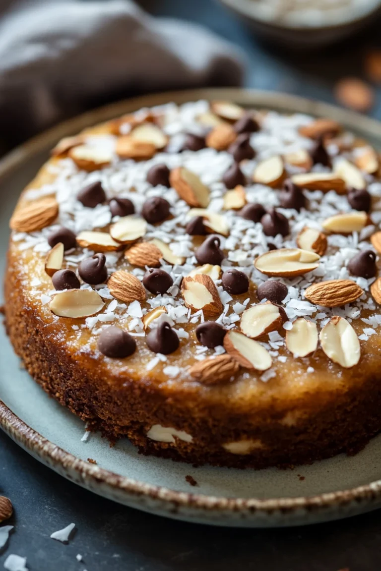 Close-up of a flourless almond joy greek yogurt cake with a clean background
