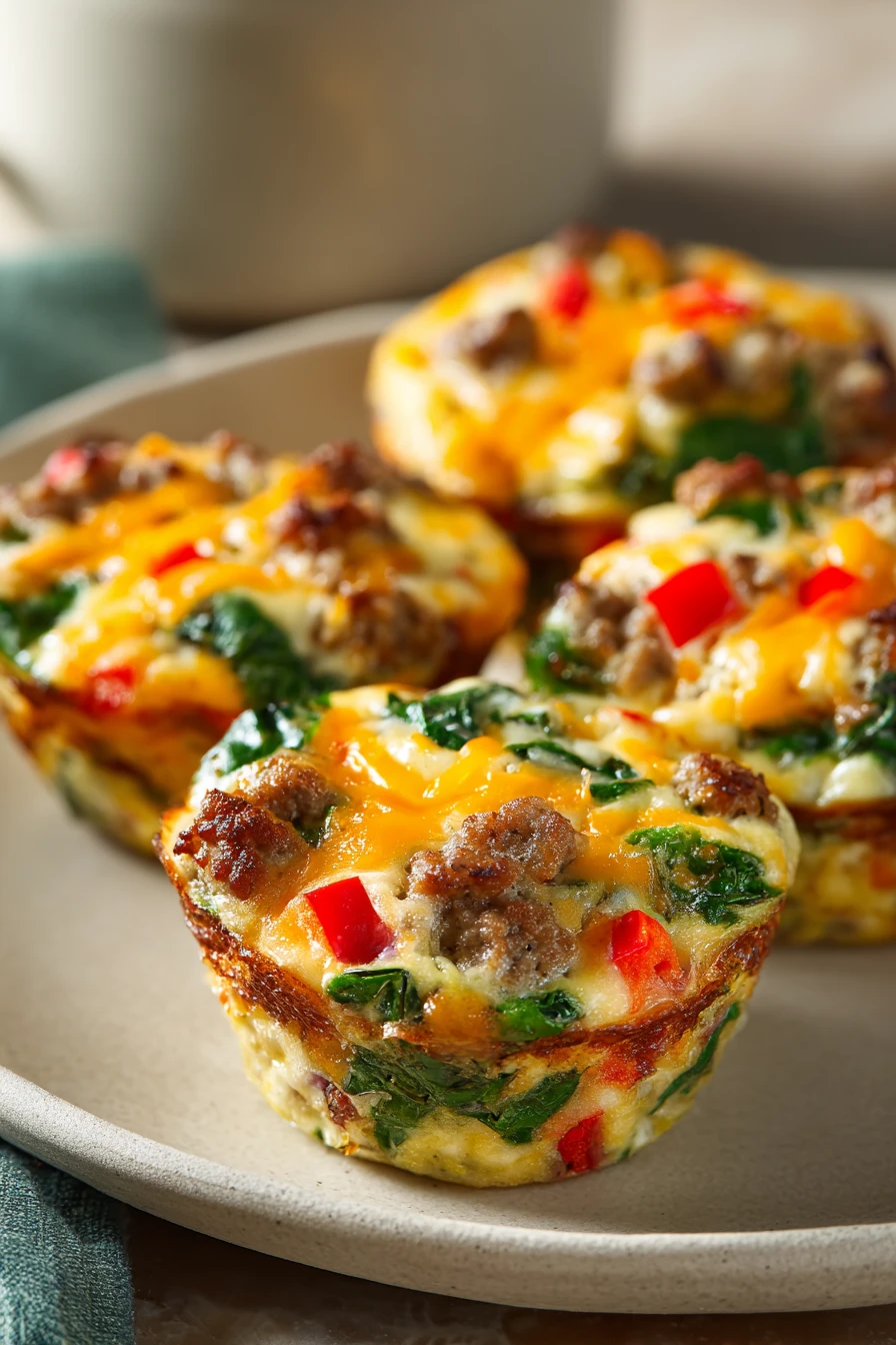 Close-up of fluffy breakfast egg muffins with a golden top and herbs on a clean background.