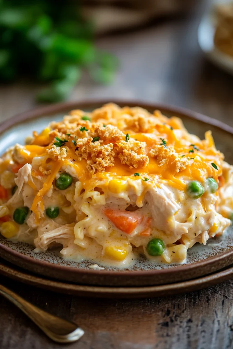 Close-up of a creamy chicken noodle casserole with golden cheese topping