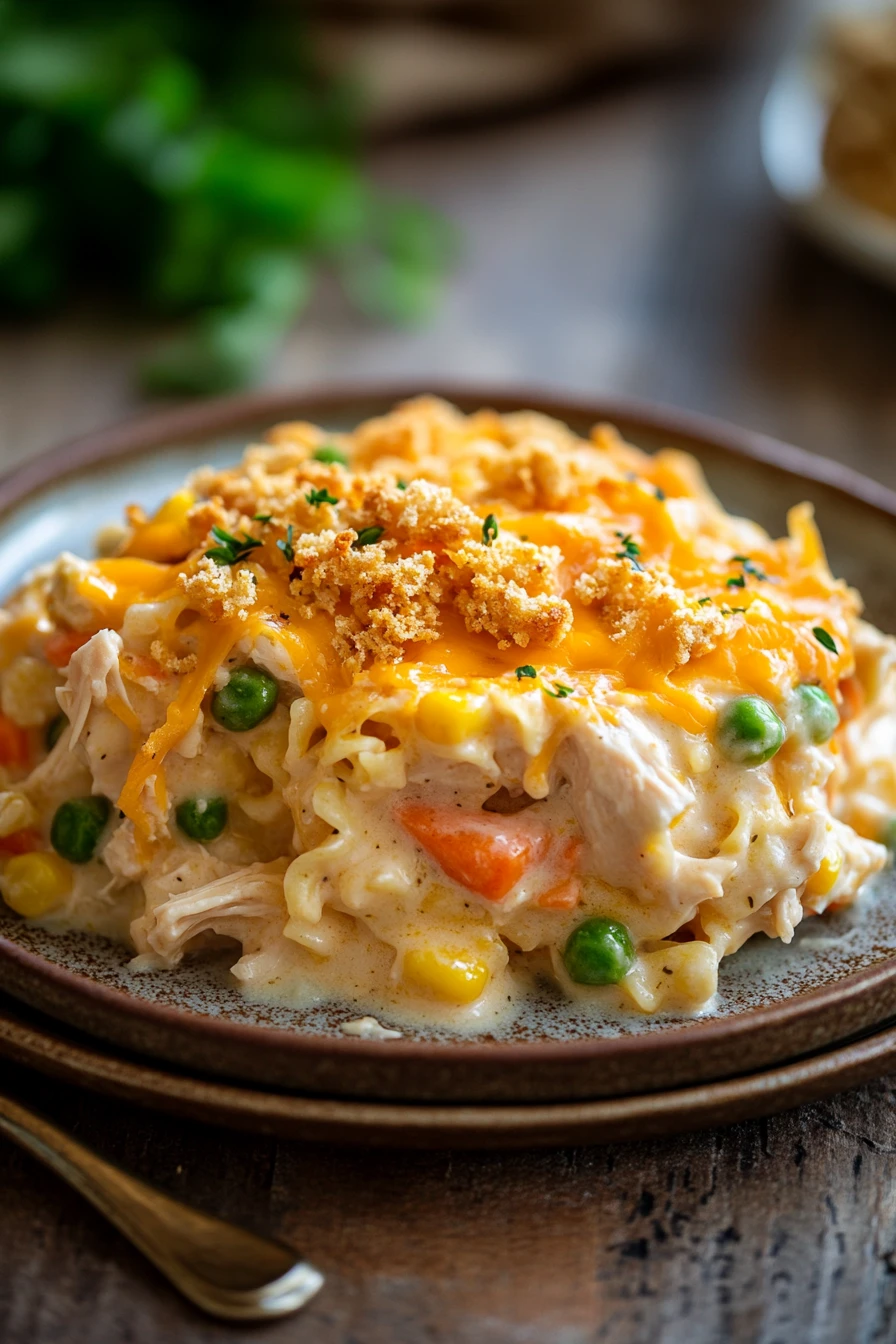 Close-up of a creamy chicken noodle casserole with golden cheese topping