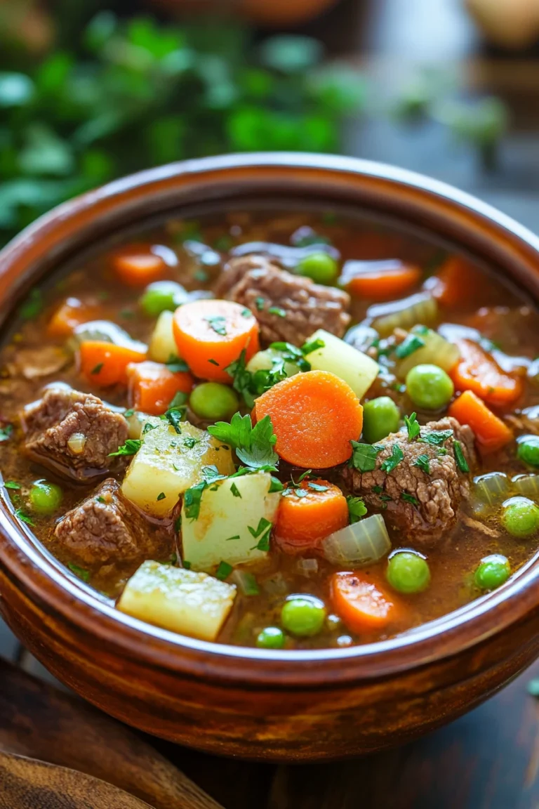 Close-up of a hearty vegetable beef soup with colorful vegetables and beef chunks.