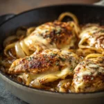 Close-up of French Onion Chicken Skillet with melted cheese and caramelized onions.