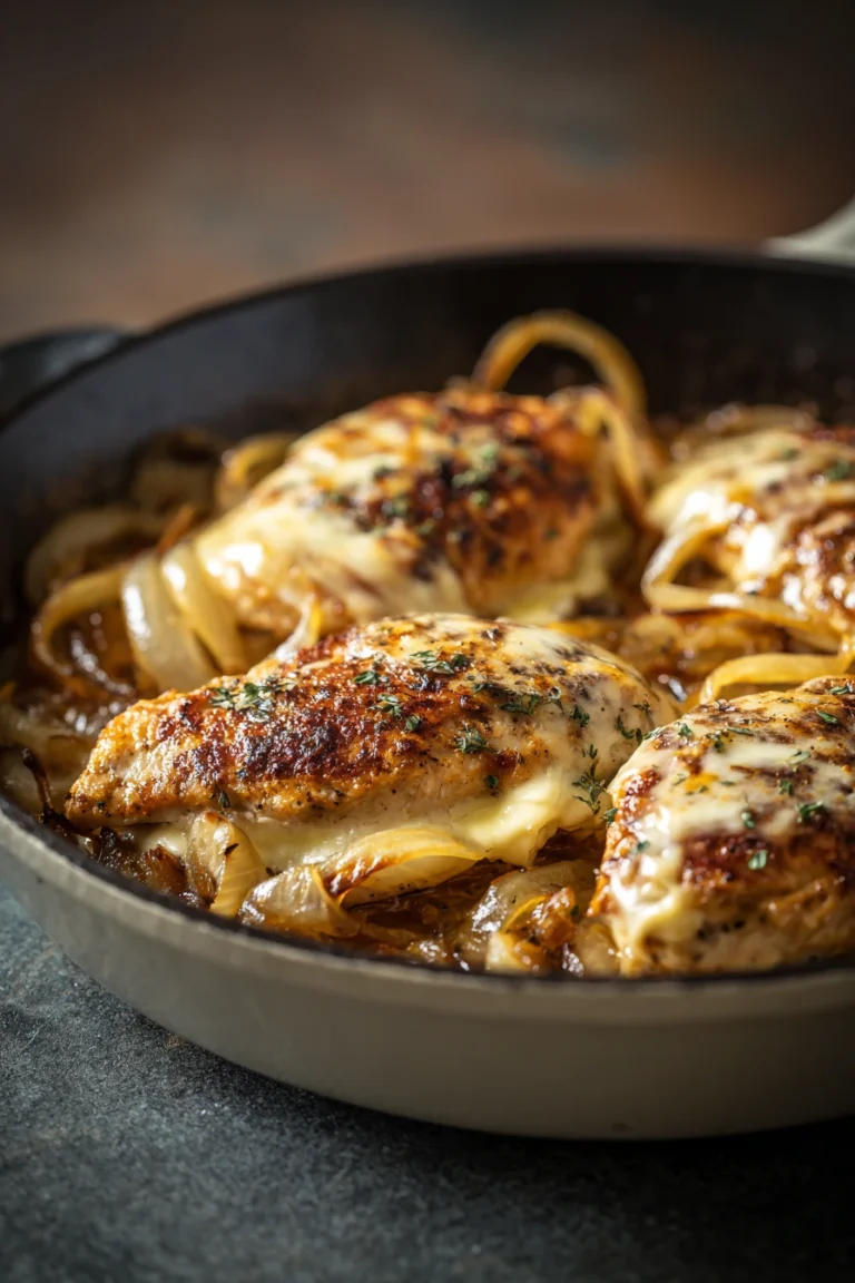 Close-up of French Onion Chicken Skillet with melted cheese and caramelized onions.