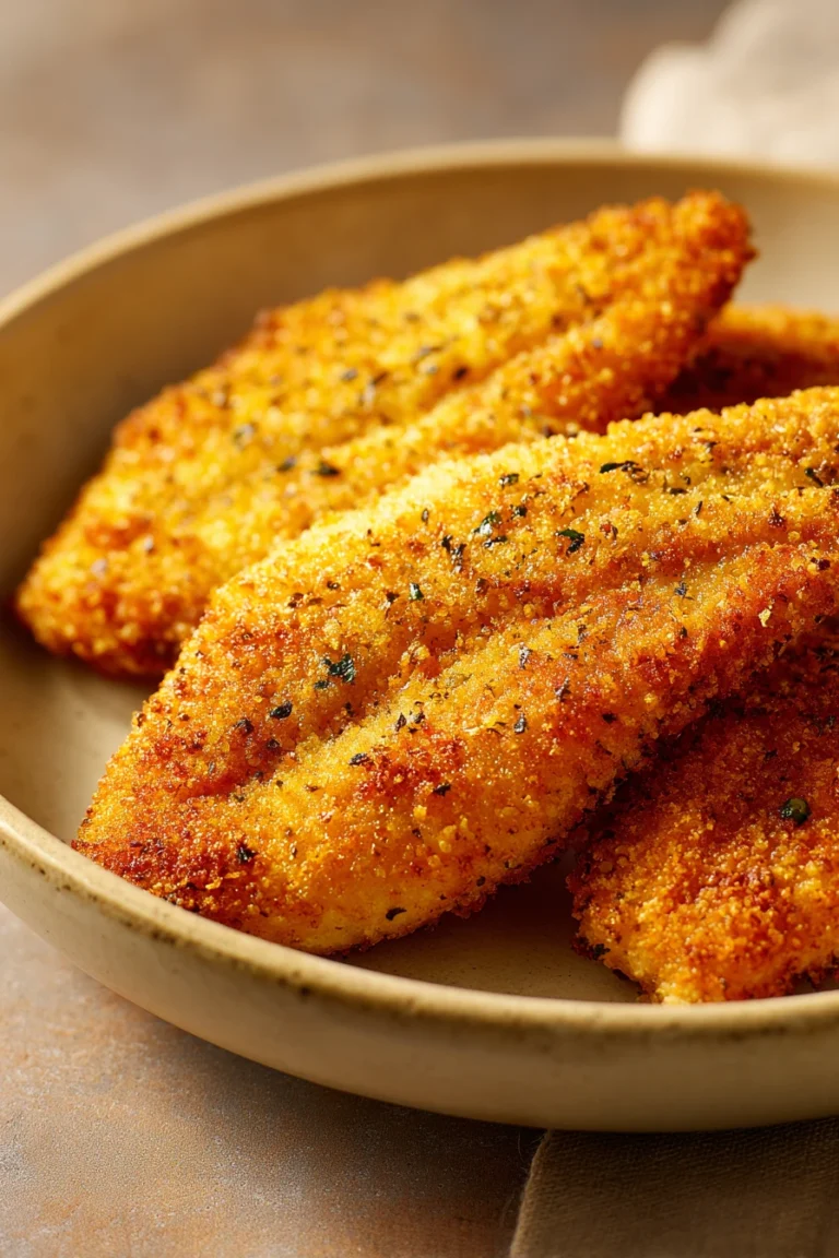 Close-up of crispy frozen breaded tilapia cooked in an air fryer with a golden crust.