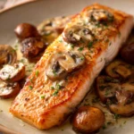 Close-up of garlic butter salmon with mushrooms, showcasing appetizing textures and bright lighting.
