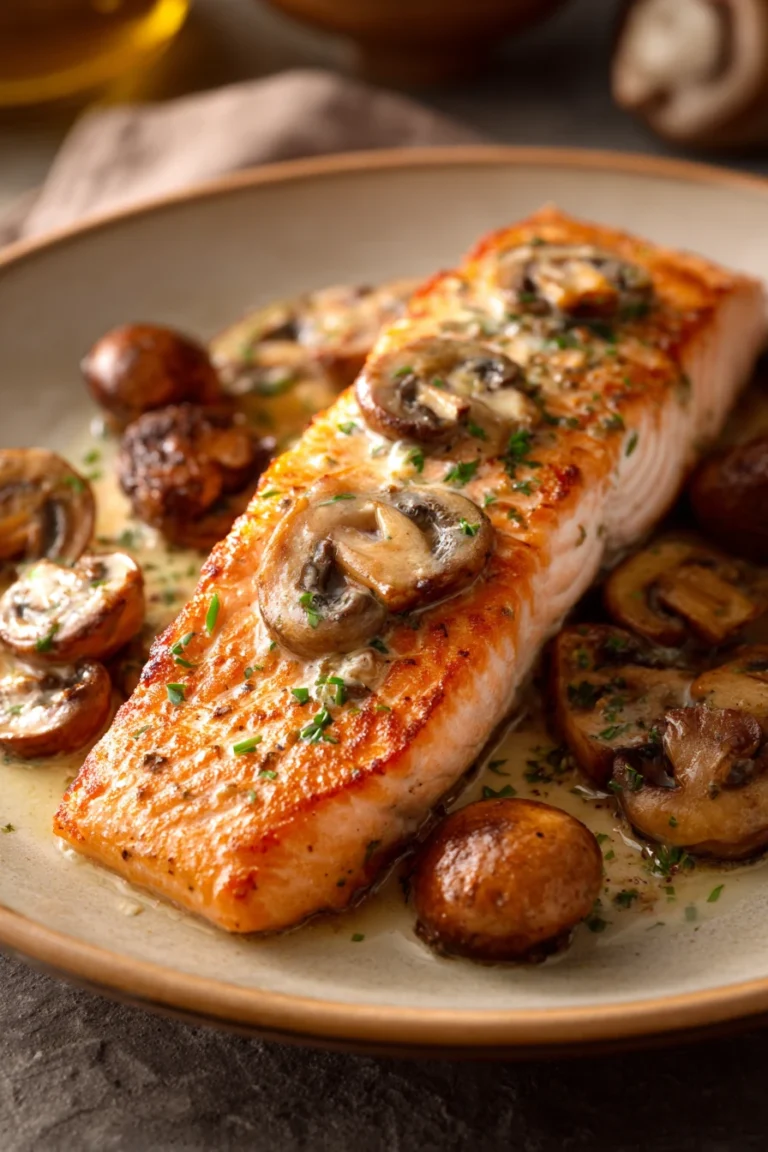 Close-up of garlic butter salmon with mushrooms, showcasing appetizing textures and bright lighting.