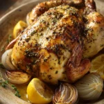 Close-up of garlic herb roasted chicken with golden skin and fresh herbs.