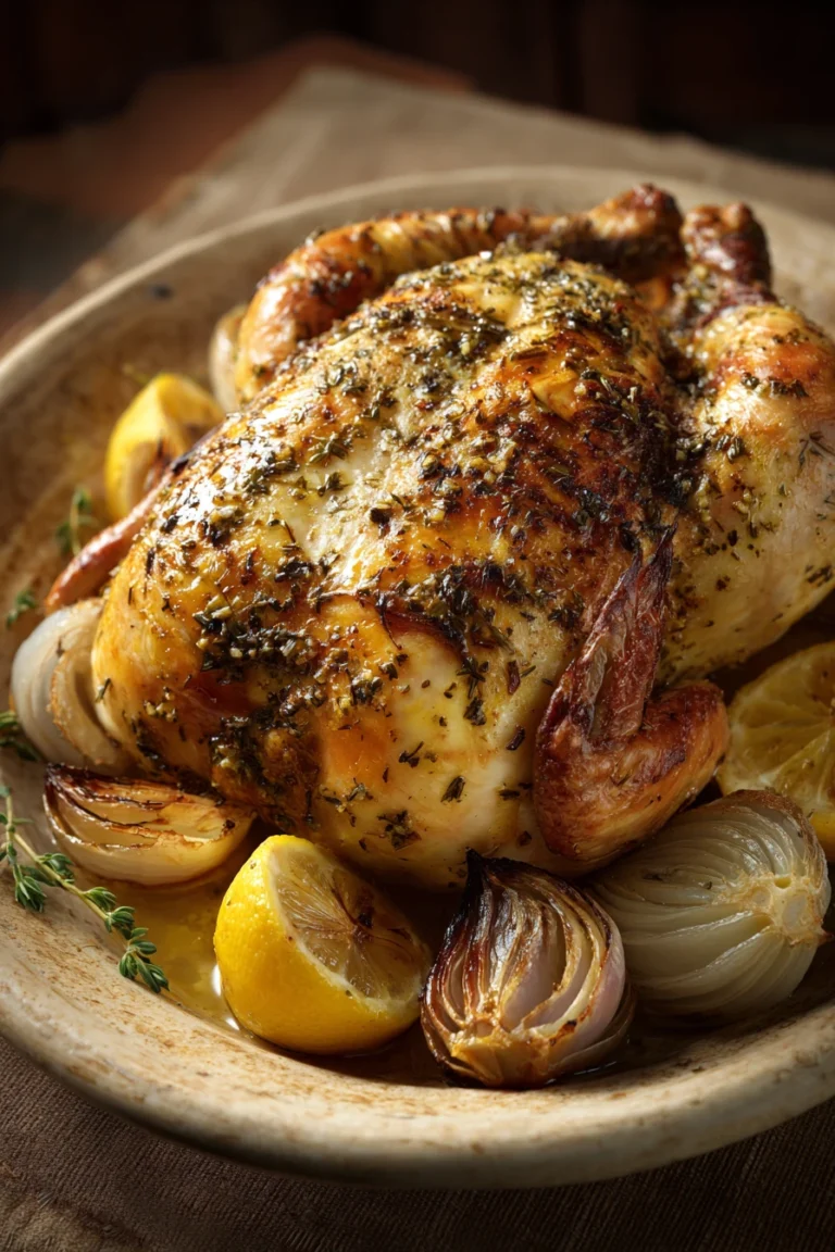 Close-up of garlic herb roasted chicken with golden skin and fresh herbs.