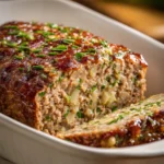 Close-up of garlic parmesan meatloaf with golden crust and herbs