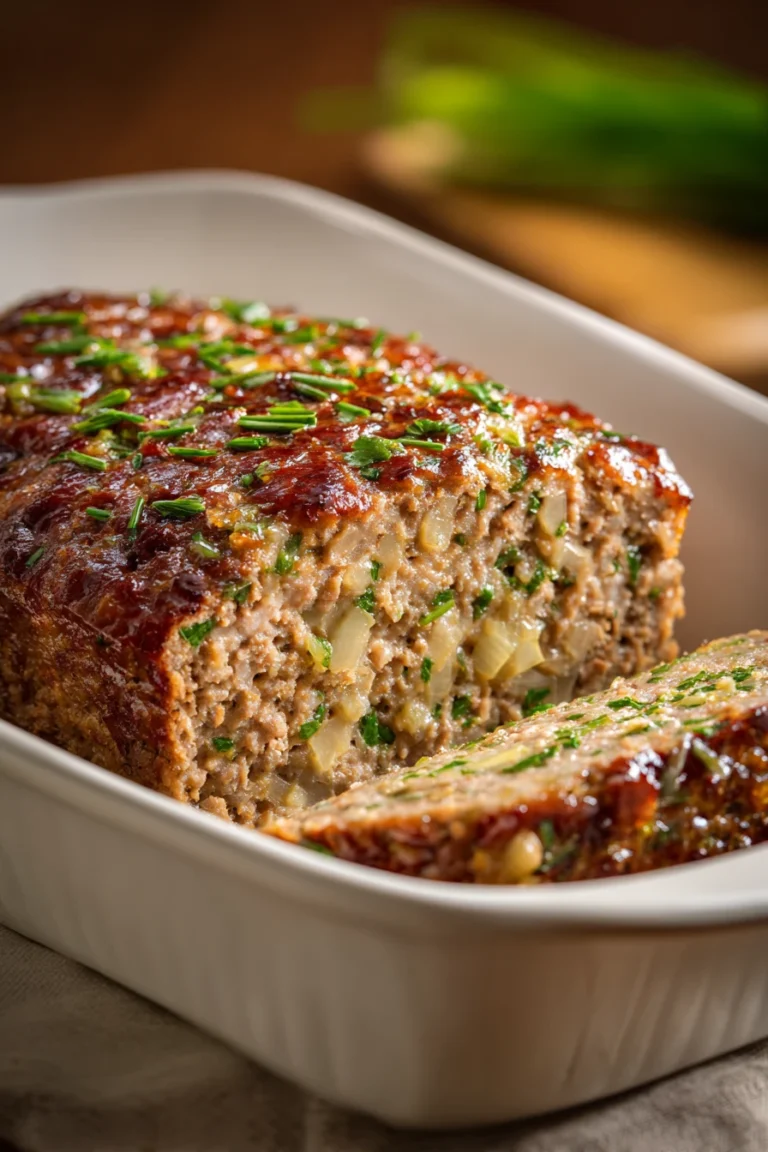 Close-up of garlic parmesan meatloaf with golden crust and herbs