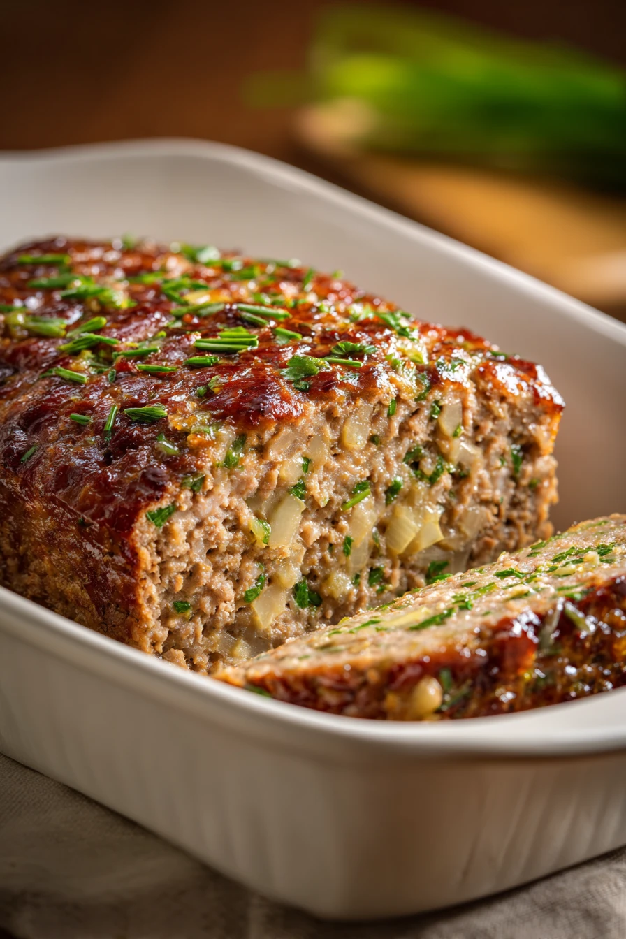 Close-up of garlic parmesan meatloaf with golden crust and herbs