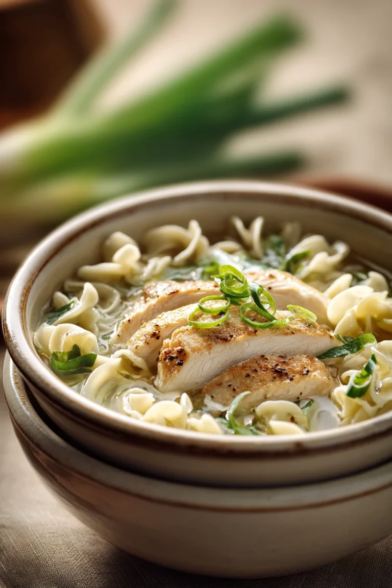 Close-up of Ginger Scallion Chicken Noodle Soup with bright, warm lighting
