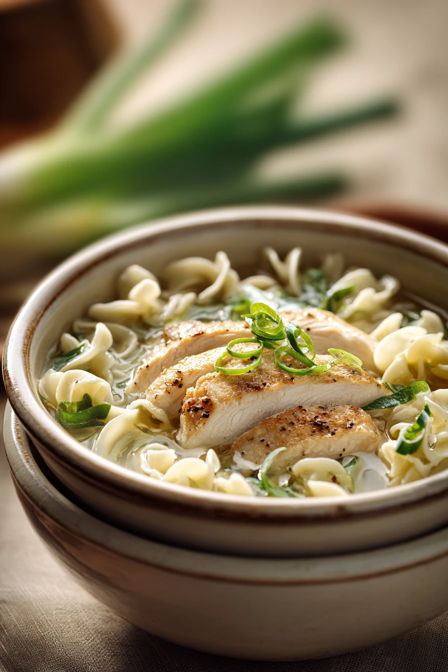 Close-up of Ginger Scallion Chicken Noodle Soup with bright, warm lighting