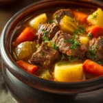 Close-up of a gluten-free beef stew with chunks of beef and vegetables in a rich broth.