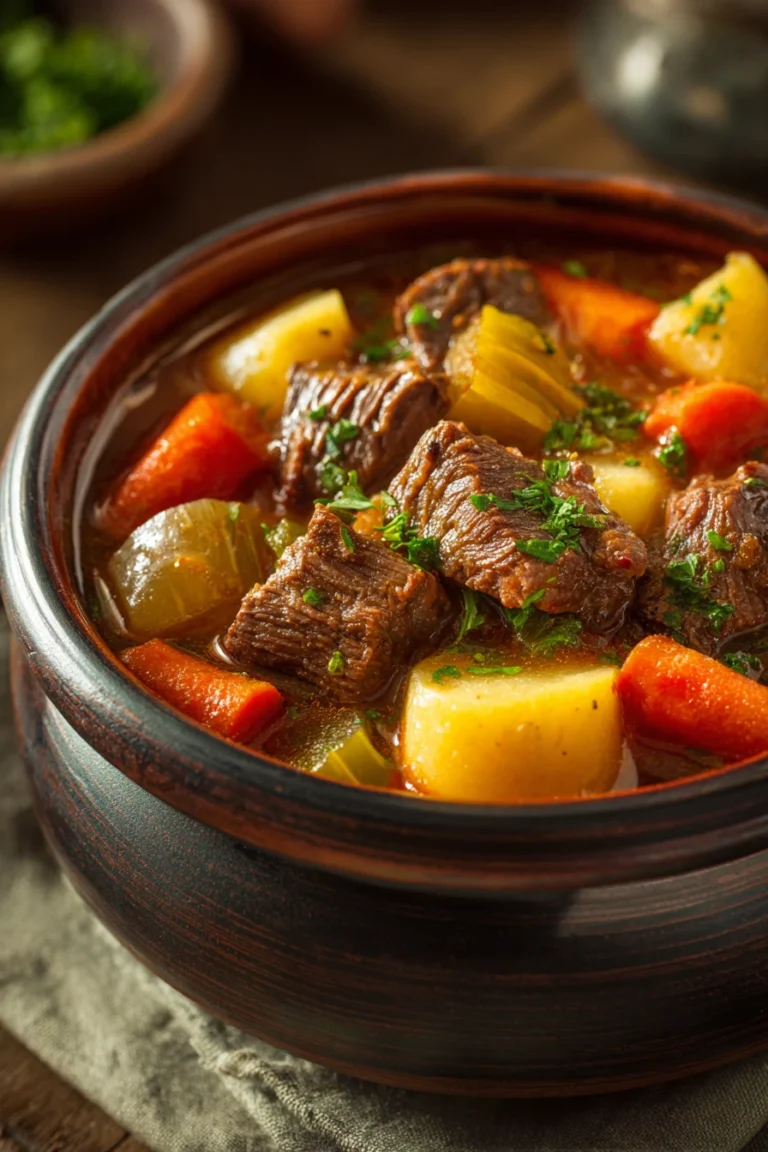 Close-up of a gluten-free beef stew with chunks of beef and vegetables in a rich broth.