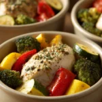 Close-up of a colorful gluten free meal prep with fresh vegetables and herbs.