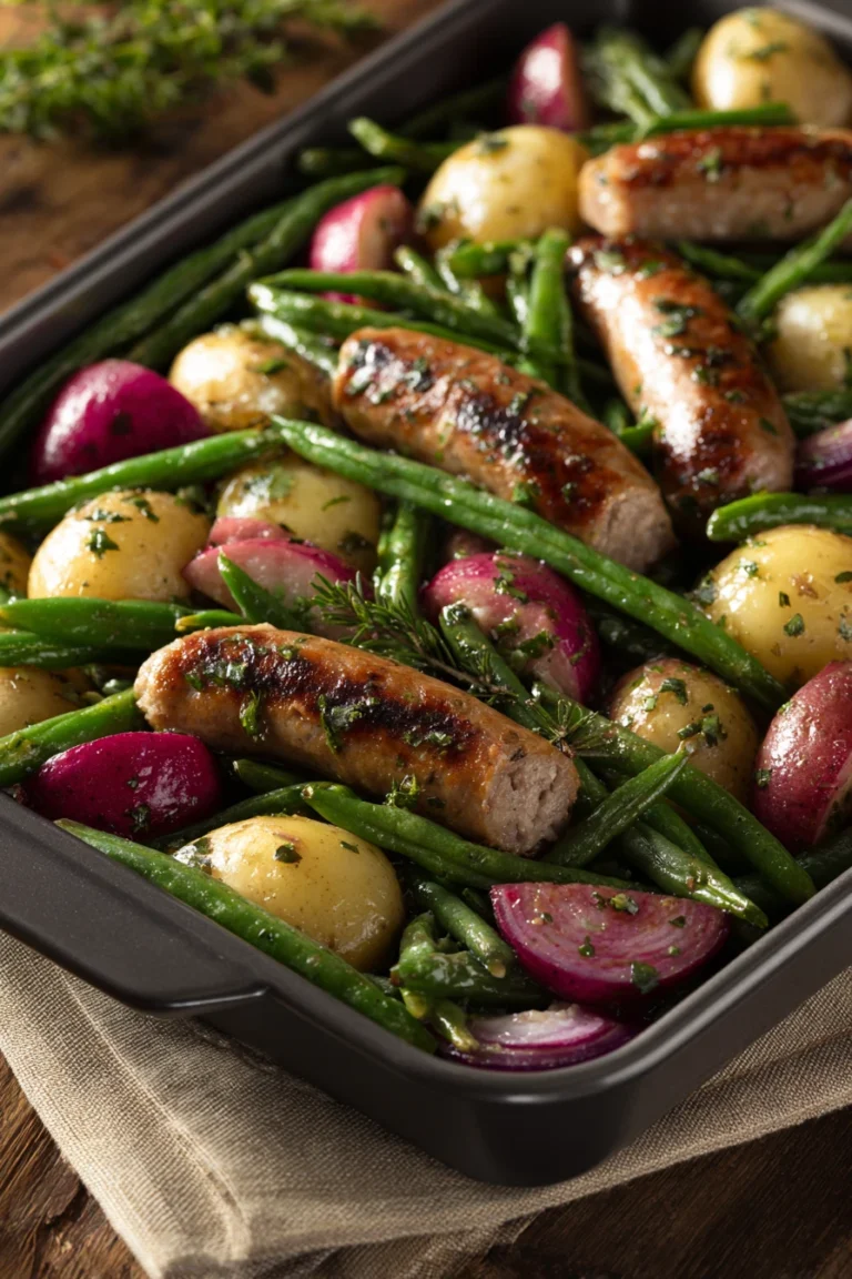 Close-up of a green bean sausage sheet pan dinner with vibrant colors and textures