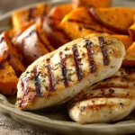 Close-up of grilled chicken with sweet potatoes on a plate, garnished with herbs.