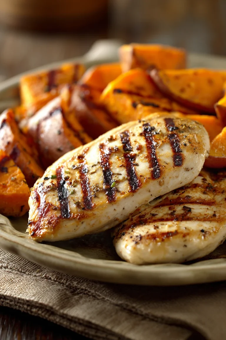 Close-up of grilled chicken with sweet potatoes on a plate, garnished with herbs.