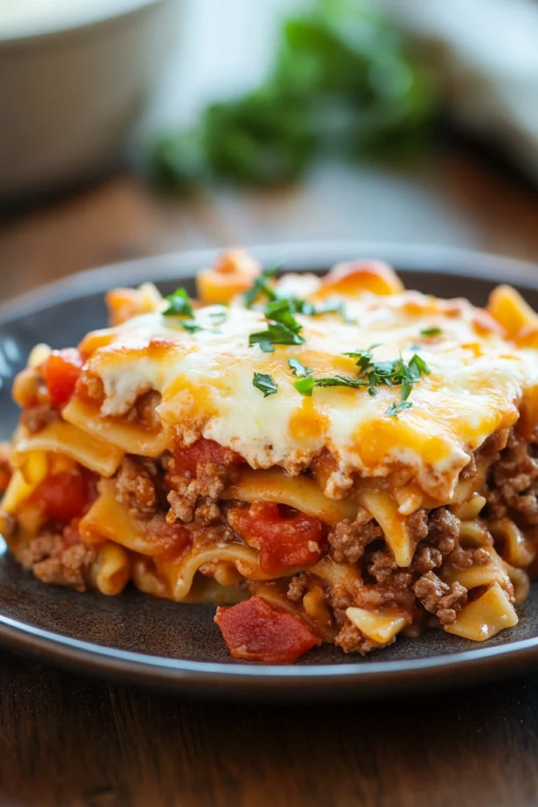 Close-up of a ground beef casserole with egg noodles in a creamy sauce