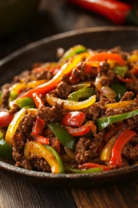 Close-up of sizzling ground beef fajitas with colorful peppers and onions