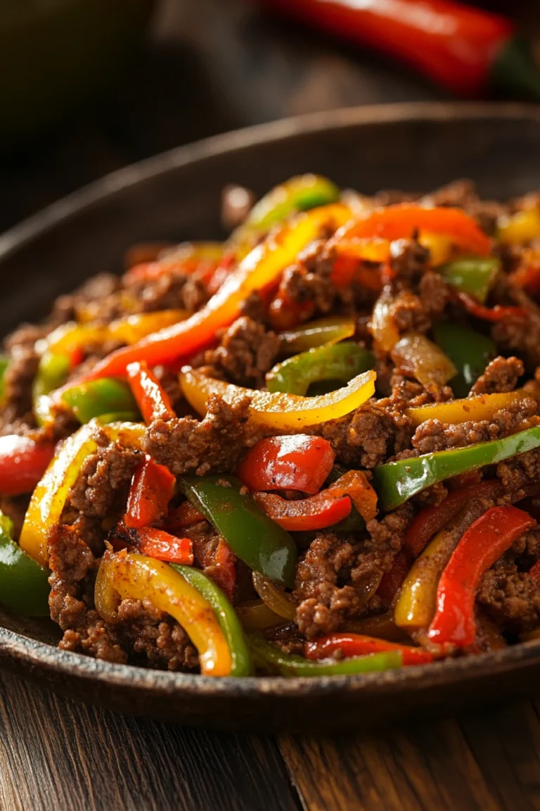 Close-up of sizzling ground beef fajitas with colorful peppers and onions