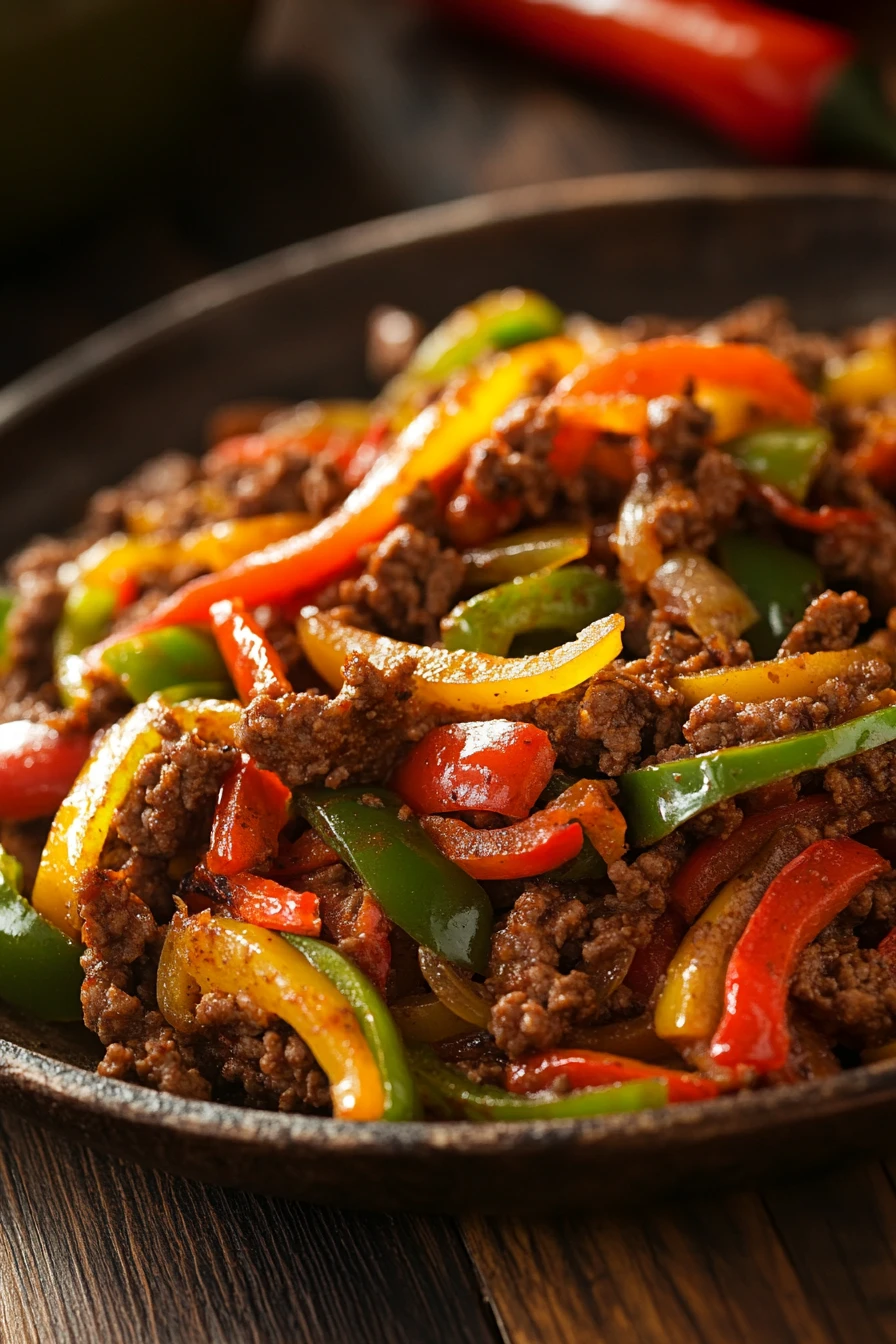 Close-up of sizzling ground beef fajitas with colorful peppers and onions