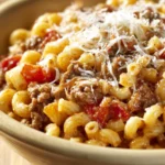 Close-up of a delicious ground beef pasta bake with melted cheese and herbs.