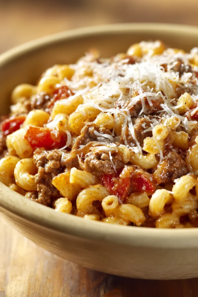 Close-up of a delicious ground beef pasta bake with melted cheese and herbs.
