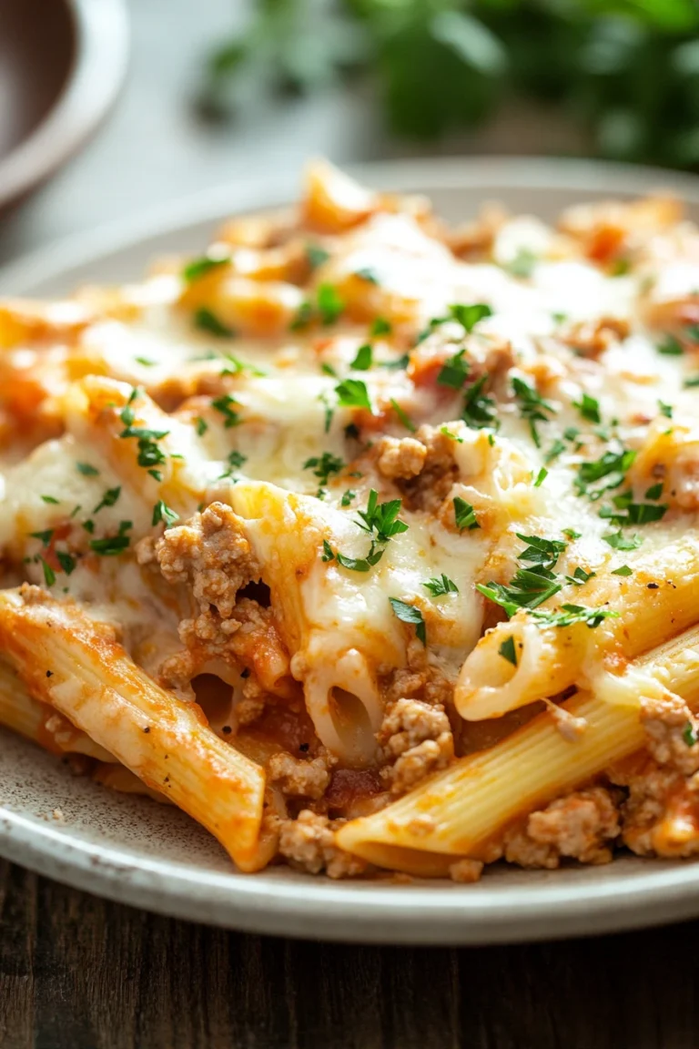 Close-up of a creamy pasta casserole with ground turkey and cheese, perfect for dinner.