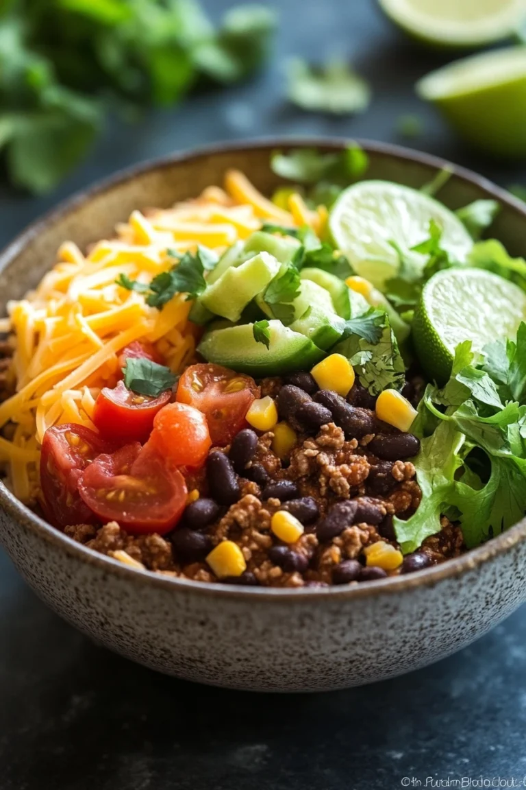 Close-up of a high protein beef burrito bowl with fresh vegetables and rice