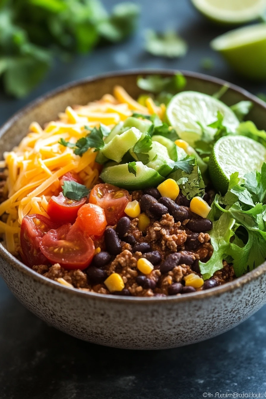 Close-up of a high protein beef burrito bowl with fresh vegetables and rice