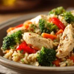 Close-up of a high protein chicken and rice casserole with golden crust and herbs