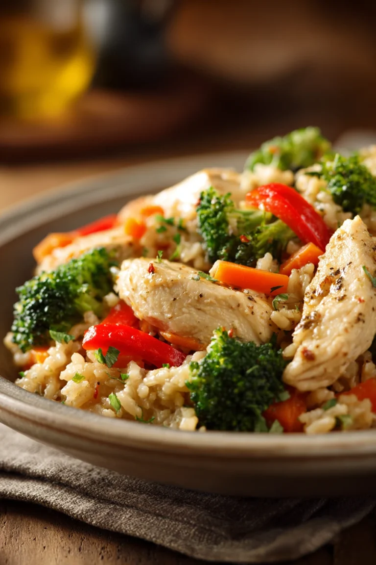 Close-up of a high protein chicken and rice casserole with golden crust and herbs