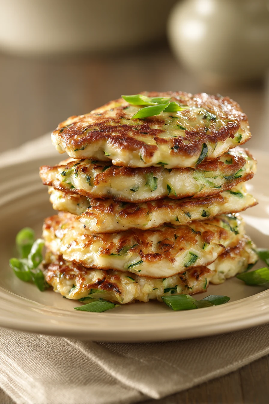 Close-up of high protein chicken and zucchini fritters with a clean background